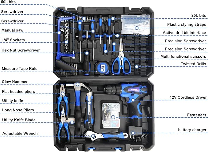 Tool Set- Tool kit with 12V Cordless Power Drill,261 Piece Tool Box with Drill,Home Tool Kits for Men Women,Hand Repair Tools Sets for Garden Office House Repair DIY