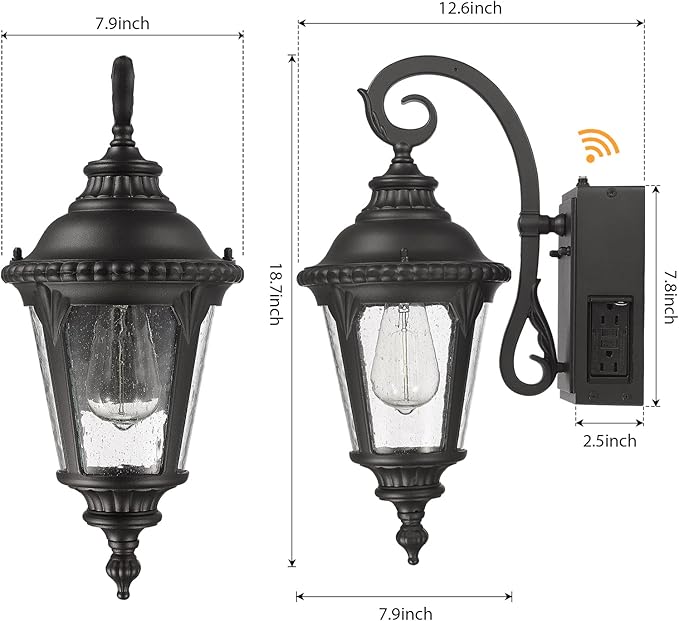 Darkaway Dusk to Dawn Outdoor Porch Light with GFCI Outlet, Waterproof Outdoor Wall Sconce Light Fixture for House, Front Porch, Patio，Black