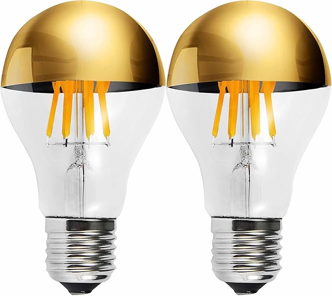 Half Gold Light Bulb, Dimmable 6W (Equivalent 60 Watt) Decorative LED Edison Bulb, A60/ A19 A Shape 2700K Warm White, Gold Tipped Mirror Light Bulb E26 Base Pack of 2