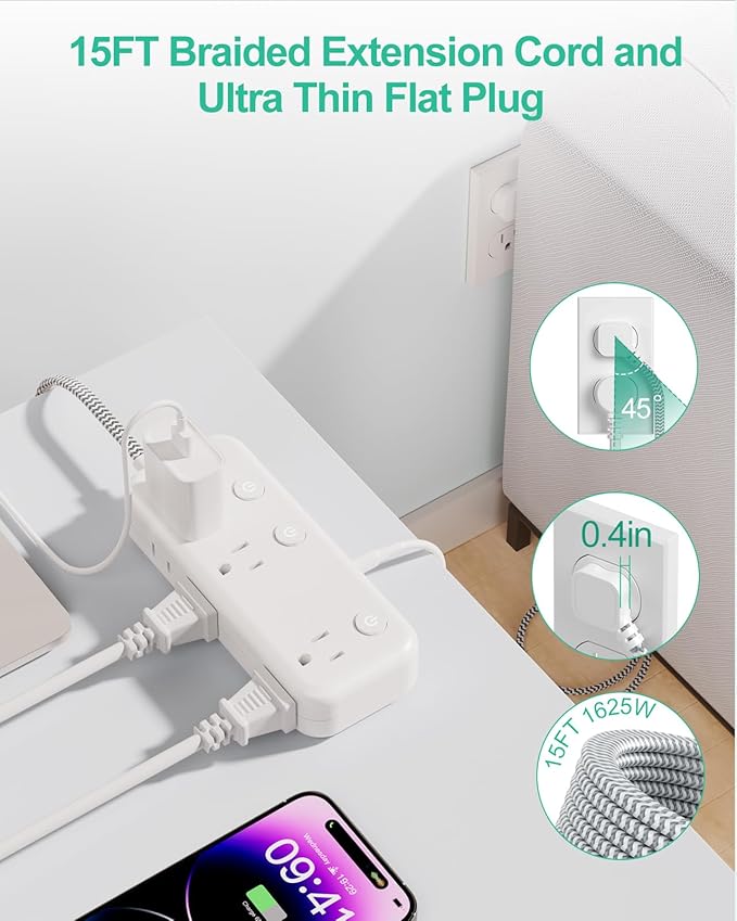 15FT Surge Protector Power Strip with Individual Switches 6 Outlets 3 USB(17W USB C), Ultra Thin Flat Plug Braided Cord, Wall Mount Extension Cord with Overload Protection for Home Office Dorm 1625W