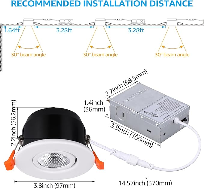 TORCHSTAR 12-Pack 5CCT 3 Inch Gimbal LED Recessed Light, 7W CRI90+ Dimmable Adjustable Eyeball Canless LED Downlight, 2700K/3000K/3500K/4000K/5000K Selectable, Airtight IC, ETL