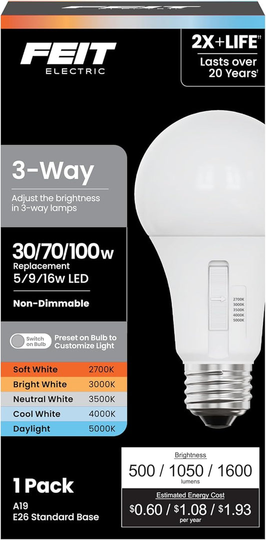 Feit Electric 3-Way A19 LED Light Bulb, 30/70/100W Equivalent, 5CCT Adjustable White (2700K–5000K), 1600 Lumens, Dimmable, 25,000-Life Hours, Energy Saving for Lamps & Fixtures, OM30/100/5CCTCA