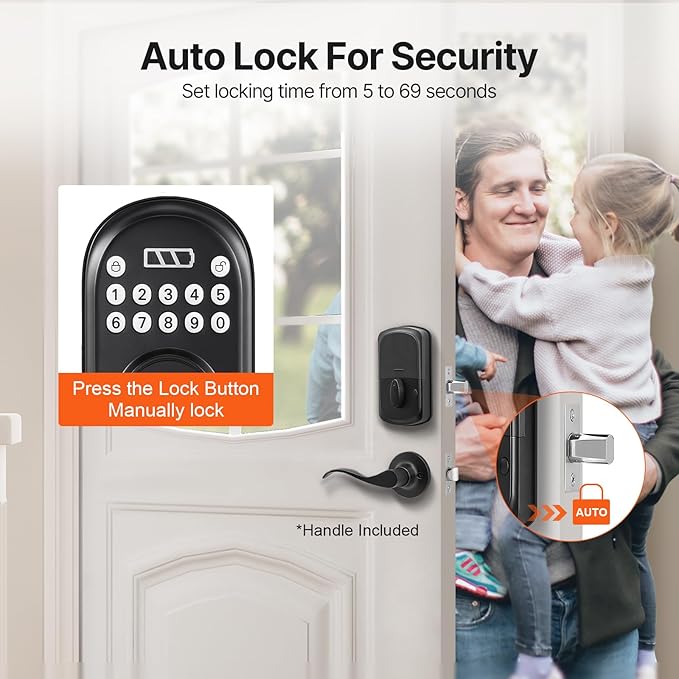 VEVOR Keyless Entry Door Lock with Handle, Electronic Keypad Entry Lever, Password and Key Unlock Combination, Auto-Locking Keypad with Deadbolt, One-time Password, for Front Door, Matte Black