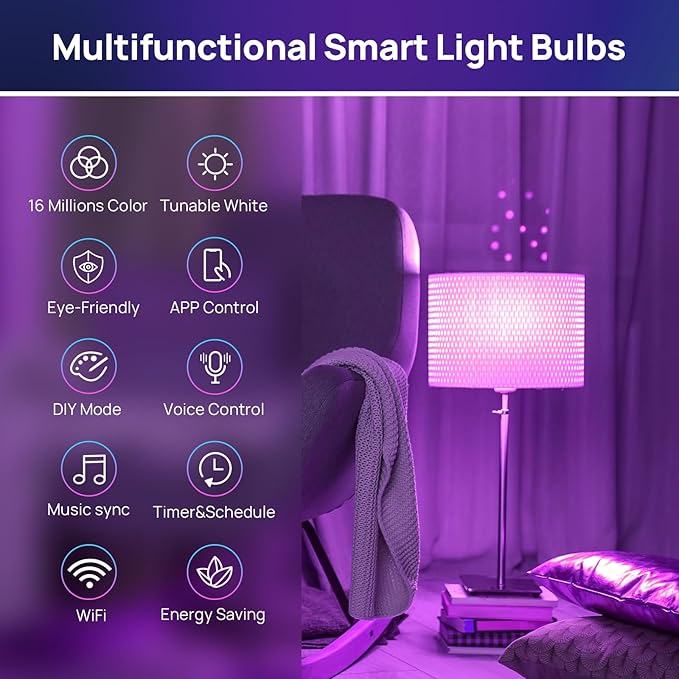 Consciot Smart Light Bulbs, LED Light Bulb That Works with Alexa & Google Home, Music Sync, RGBTW Color Changing Light Bulb, A19 E26 2.4Ghz WiFi Light Bulbs 60 watt Equivalent, 800lm Dimmable, 1 Pack