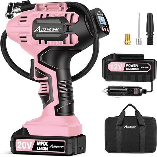 Avid Power Cordless Tire Inflator Air Compressor, 20V Car Tire Pump w/ 12V DC Adapter, Rechargeable Li-ion Battery Operated Tire Compressor w/Digital Pressure Gauge, for Many Inflatables (Pink)