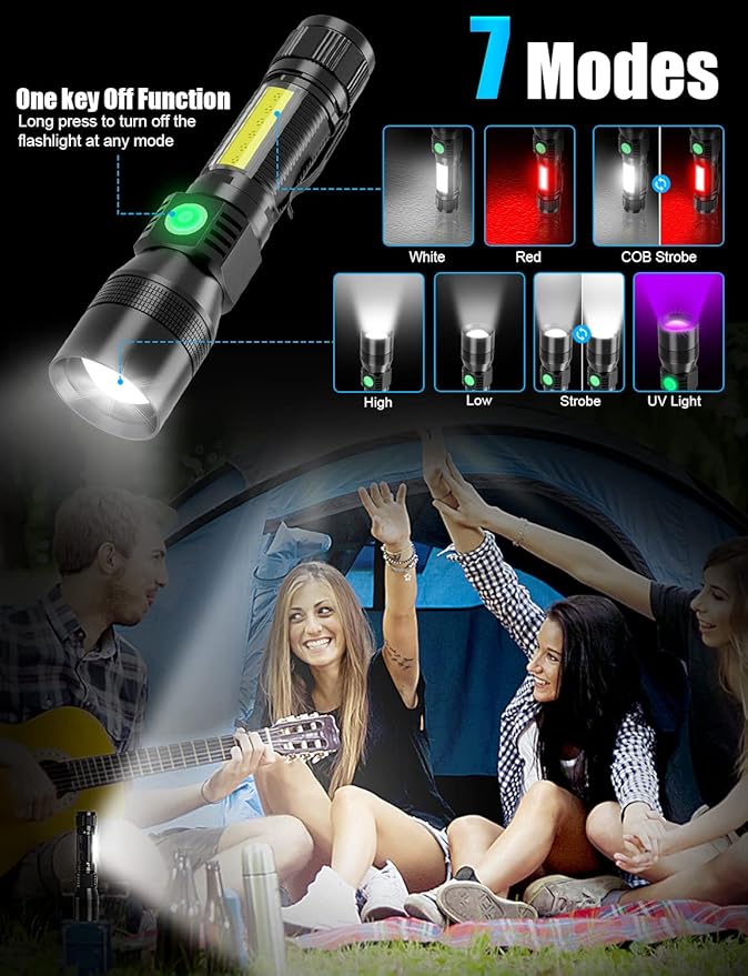 UV Rechargeable Flashlights Tactical,1000 High Lumens 3 in 1 LED Black Light Flashlight -Magnetic Base/Sidelight/Zoomable, Bright Pocket Flash Light for Stains Detection Camping Emergency,2PCS