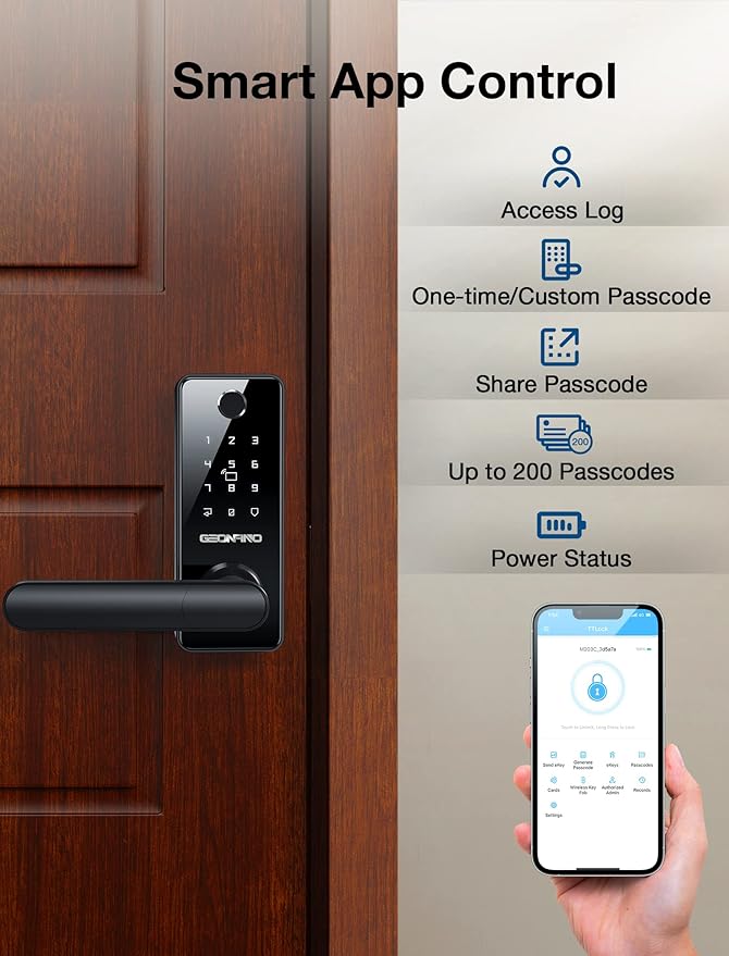 GEONFINO Smart Door Lock with Handle, 6-in-1 Fingerprint Keyless Entry Door Lock, Electronic Digital Deadbolt with Handle, Smart Lock Set Compatible with Alexa (Gateway Included)