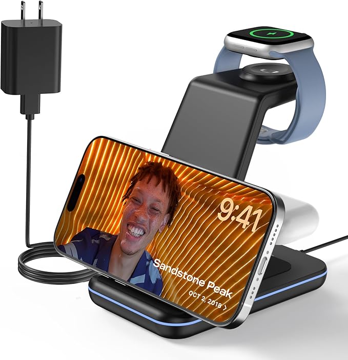 JoyGeek 3 in 1 Charging Station for Apple Devices, Wireless Charger Stand for iPhone 16/15/14/13/12/11/SE/X/8 Pro Max Plus, Charging Dock for Apple Watch Ultra/8/SE/7/6/5/4/3, AirPods (Dark Black)