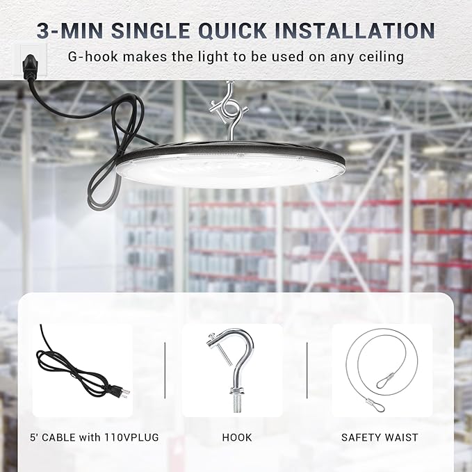 200W UFO Led High Bay Light,120VAC,5000K Daylight Commercial Bay Lighting,IP66 Waterproof,30500LM,850W MH/HPS with Plug Area Lighting for Warehouse/Shop/Workshop/Barn/Gym/Factory