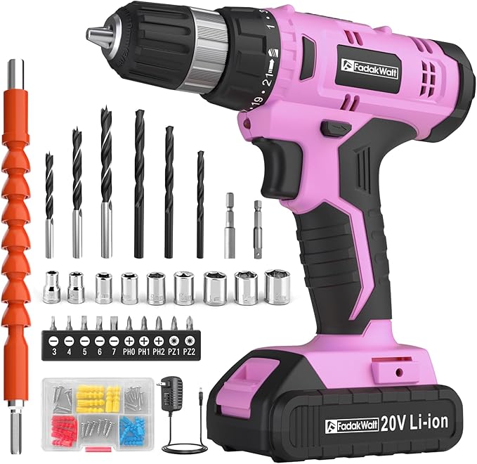Cordless Drill Set, 20V Electric Power Drill With Battery And Charger, 30N Torque, 21+1 Settings, 3/8-Inch Keyless Chuck, Driver Bits Kit, LED Light (Pink)