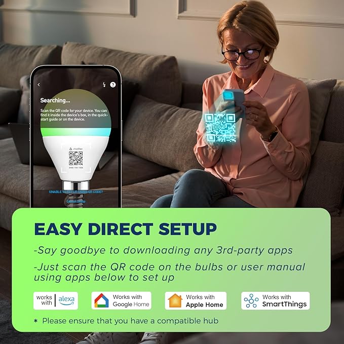 Matter E12 Smart Light Bulbs 50W Equivalent 5W 550LM, Compatible with Alexa/Siri/Apple Home/Google Home/SmartThings, G16.5 RGBCW Candelabra Ceiling Fan Bulb, 2.4G WiFi, ETL Listed, 2PCS