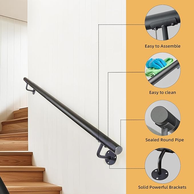 48 Inch Black Square Pipe Staircase Handrails - 4 FT Wall Mount Stairway Railing Indoor, Outdoor Stair Railing, Deck Rails, Banister Railing, Safety Grab Handle for Handicap