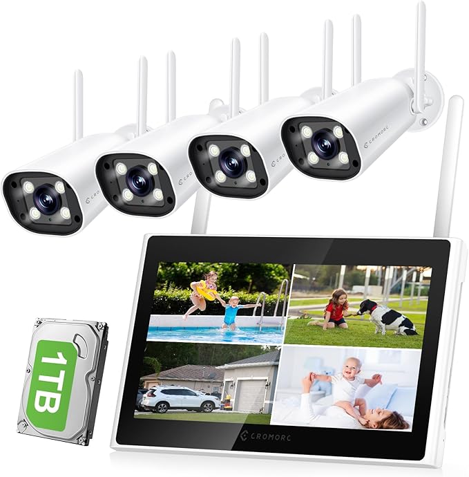 Expandable 10 Channel Wireless Security Camera System with 10.1" Monitor, AI Human Detection, Spotlight,Siren Alarm, 2-Way Audio,4Pcs 5MP Camera,Home Business Surveillance,1TB HDD