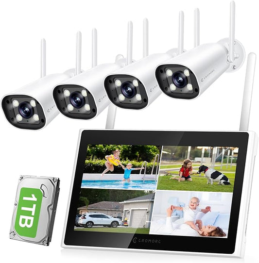 Expandable 10 Channel Wireless Security Camera System with 10.1" Monitor, AI Human Detection, Spotlight,Siren Alarm, 2-Way Audio,4Pcs 5MP Camera,Home Business Surveillance,1TB HDD