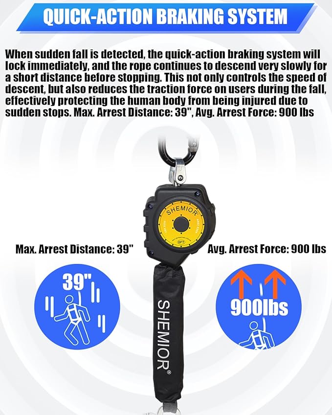 6FT Twin-Leg Self Retracting Lifeline, Swivel Top Lightweight Housing, Web SRL ANSI Self Retractable Safety Lanyard, Fall Arrest Protection Gear for Roofing Construction, Rebar Hook