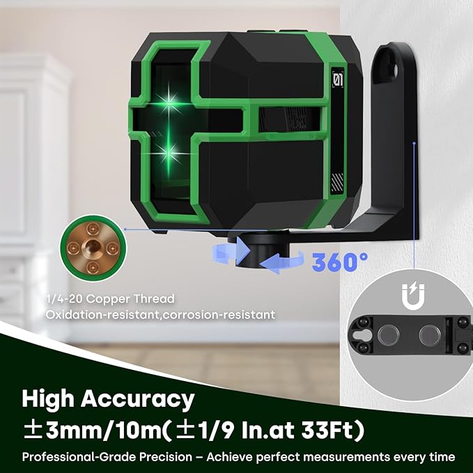 Green Laser Level Type-C Rechargeable Self Leveling Cross Laser Line Waterproof with Pulse Mode, 360°Magnetic Bracket for Outdoor Construction Home Decoration DIY etc.
