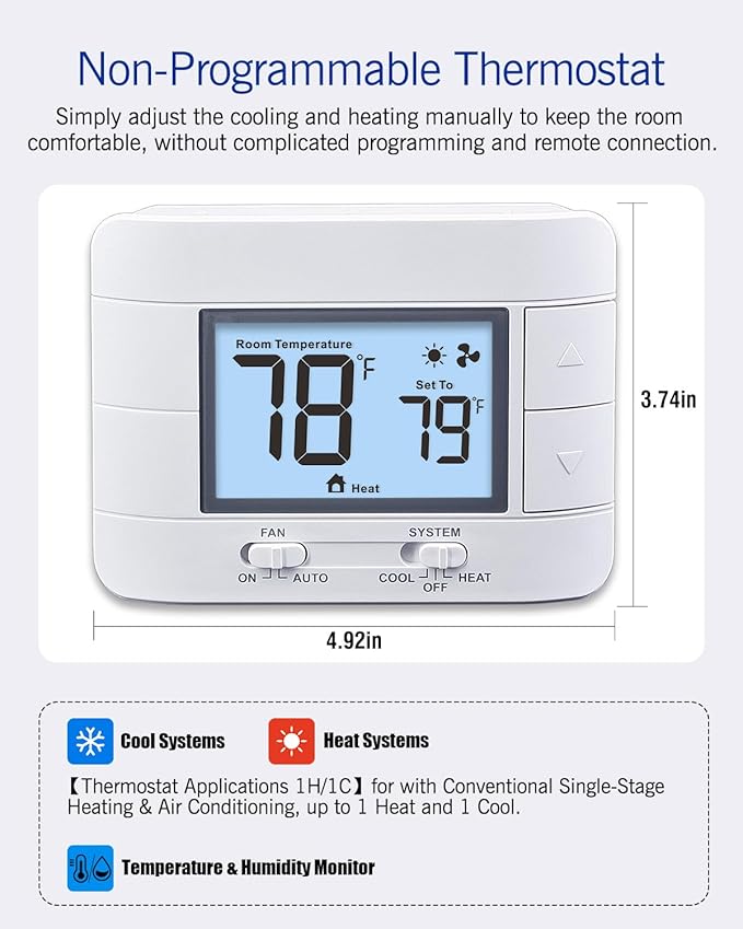 Non Programmable Thermostat for Home 1 Heat/ 1 Cool Single-Stage System, with Room Temperature Monitor (LCD White Backlit Screen)