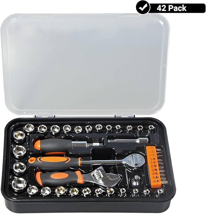 42 Piece Socket & Socket Wrench Sets 1/4 Drive Metric 4-13mm & SAE 5/32"-1/2", 3/8 Drive Metric 14-17mm, 1/4 Adaptors and Extensions, Mini Ratchet Angle Screwdriver and Bit