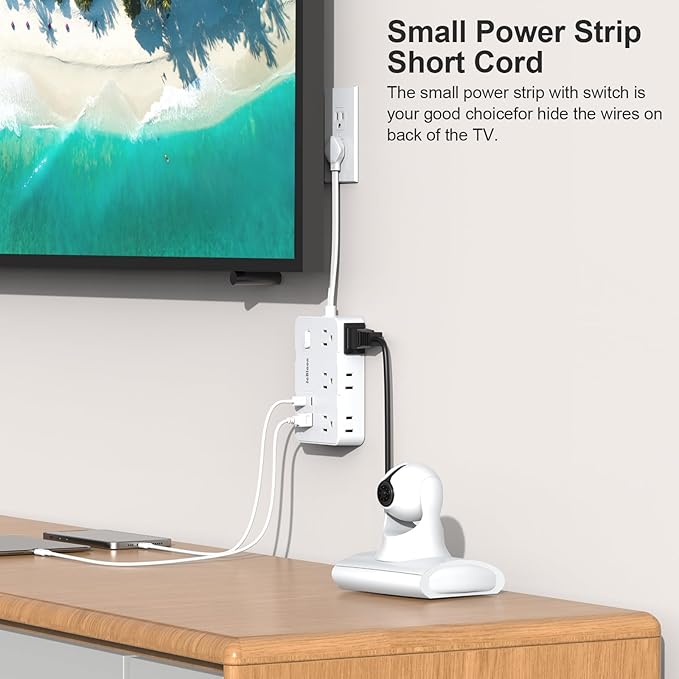 Surge Protector Power Strip, Flat Plug Extension Cord 0.65 FT with 6 Outlets 4 USB Charger (2 USB C), 1050J Protection Multiple Outlets Charging Station for Home, Office, College Dorm Room