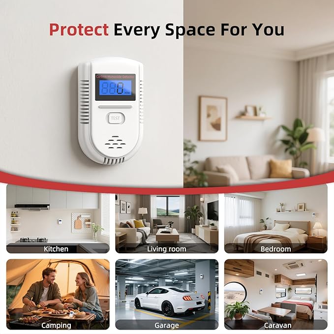 Carbon Monoxide Detectors: Battery Powered CO Alarm with Real-time Display of PPM, Portable CO Detector Gas Monitor Alarm No Green Light Flashing for Home/Children's Room/RV
