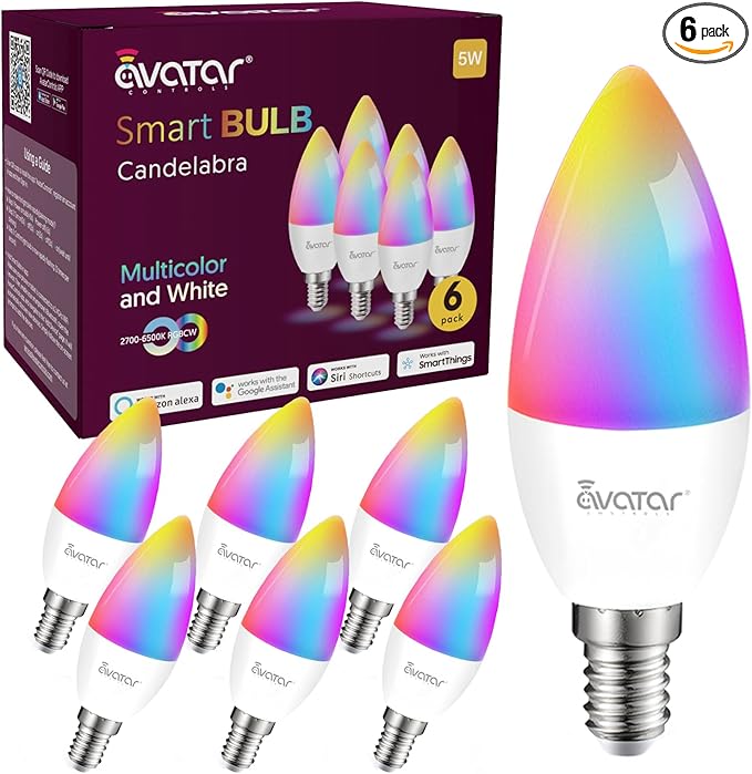 6 Pack E12 Smart Candelabra Light Bulbs – RGB + Tunable White Type B Smart LED Bulb Music Sync, Schedule & Group Control, Candle Bulb Compatible with Alexa & Google Home for Chandelier, 5W (50W Eq.)