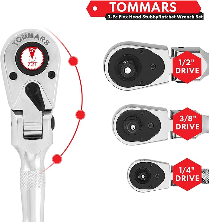 TOMMARS Flex-Head Stubby Ratchet Set, 1/4", 3/8", 1/2" Drive Flexible Mini Small Ratchet Handle Wrench 72-Tooth Quick-Release Reversible