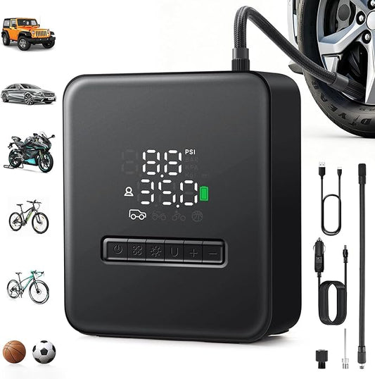 Tire Inflator Portable Air Compressor, 150PSI Air Pump with Pressure Gauge, Auto Shutoff, LED Flashlight, Car Tire Inflator for Bike, Car, Motorcycle, Ball