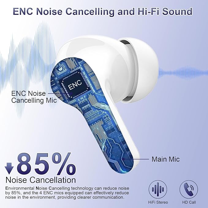 Wireless Earbud, Bluetooth 5.3 Headphones Wireless with ENC Noise Cancelling Mics, 40H Wireless in Ear Earphones with Deep Bass, IP7 Waterproof Ear bud in Ear with LED Power Display for Android/iOS