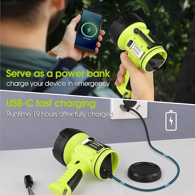 Rechargeable Spotlight Flashlight with High Lumen LED, Waterproof Handheld Bright Outdoor Spot Light Searchlight for Boating, Camping