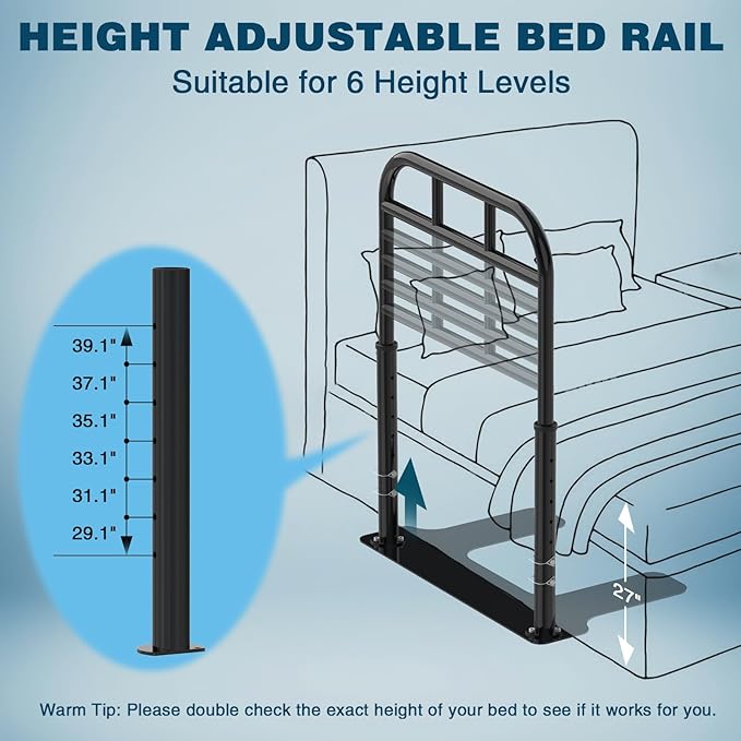 Bed Rail for Elderly Adults Safety, Heavy Duty Bed Rail with 6 Adjutsable Heights, Bed Assist Rail for Seniors, Twin, Queen, King Size Bed (400 LBS Loading, Black)