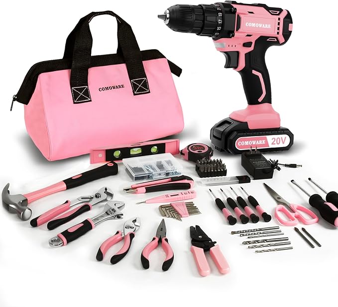 COMOWARE 171Pcs Pink Home Tool Kit with Drill, 20V Cordless Power Drill Combo Set, Complete Household Repair Tools for Men & Women in Garden, Office, DIY Projects