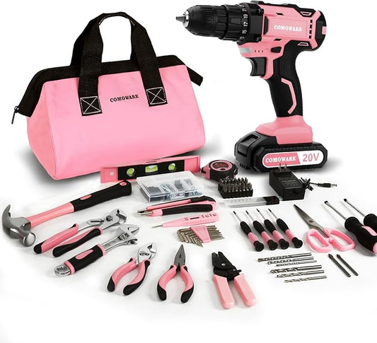 COMOWARE 171Pcs Pink Home Tool Kit with Drill, 20V Cordless Power Drill Combo Set, Complete Household Repair Tools for Men & Women in Garden, Office, DIY Projects