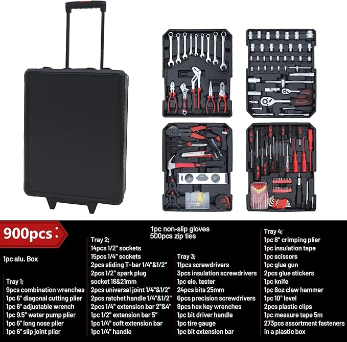 900PCS Complete Home Tool Set Versatile Rolling Tool Kit for Professional Repair and Maintenance - Heavy and Duty Portable Tool Box with Wheels