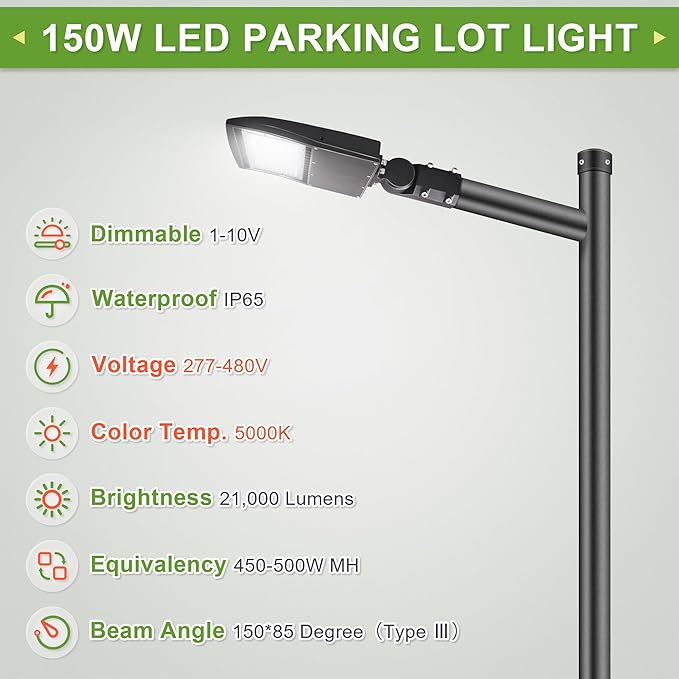 480V 150W High Voltage LED Shoebox Lights, LED Parking Lot Lighting, AC 200-480V LED Pole Area Lights, 450W MH/HPS Equiv, 5000K, Surge Protection Included, DLC UL Approved