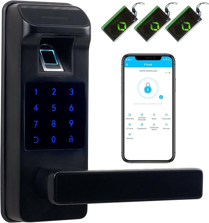Harfo Smart Door Lock, Heavy Duty 5 in 1 Keyless Entry Door Lock, Full App Control Digital Keypad Lock, Reversible Handle with Fingerprints and Passcodes for Family/Office/Apartment (Black)