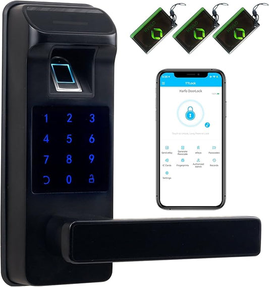 Harfo Smart Door Lock, Heavy Duty 5 in 1 Keyless Entry Door Lock, Full App Control Digital Keypad Lock, Reversible Handle with Fingerprints and Passcodes for Family/Office/Apartment (Black)