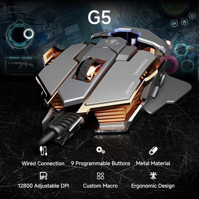 EWEADN G5 Wired Gaming Mouse, Ergonomic RGB Computer Mouse, 12800 Adjustable DPI, 9 Programmable Macro Buttons with Rapid Fire Key Compatible for PC/Laptop/Windows-Grey
