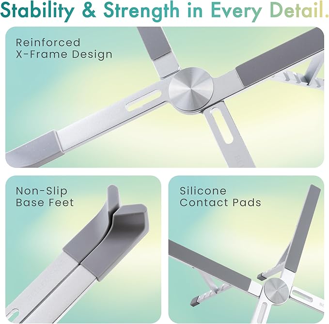 BELLEMOND | Adjustable Laptop Stand – Lightweight Aluminum Riser with 5 Height Levels | Foldable, Ventilated X-Frame Design | Designed in Japan | Fits Laptops & Tablets up to 17.3” | Space Silver