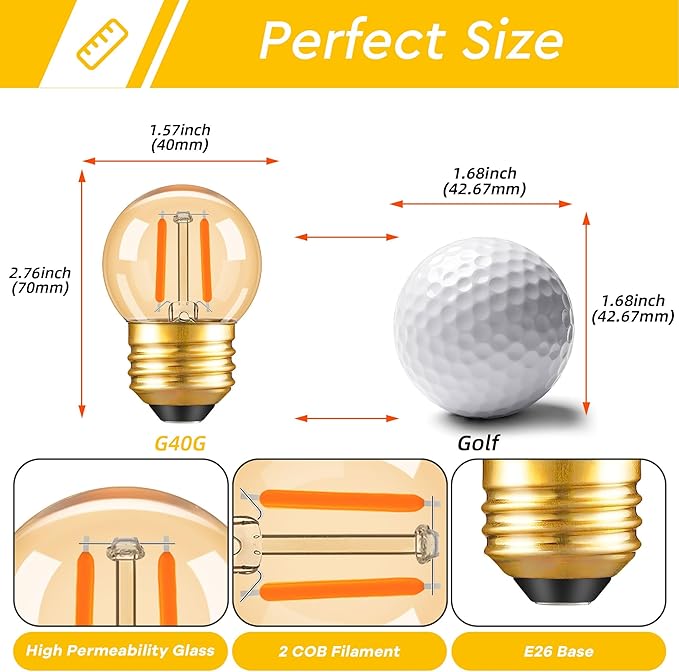 G40 LED Low Watt Light Bulbs Warm Glow E26 Amber 1W 10 Watt Light Bulb,Low Lumen Light Bulb Small Edison Short Decorative Dim Light Bulbs for Lamp,Bedroom,Warm White 2200K 100LM,Non Dimmable,15 PACK