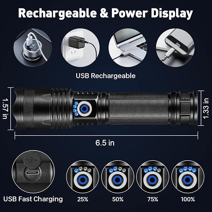 Rechargeable LED Flashlights High Lumens 2, 99000 Lumens Super Bright Flashlights with 5 Modes, Waterproof Powerful Flash Light Multifunctional Flashlights for Home Emergencies Hiking