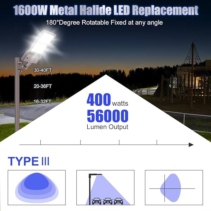 400W LED Parking Lot Light 56000 Lumen, UL DLC Parking lot Flood Lights 400W Arm Mount, Street Area IP65 5000K Waterproof 100-277VAC Input, Stadium Lights Outdoor, LED Pole Light Outdoor
