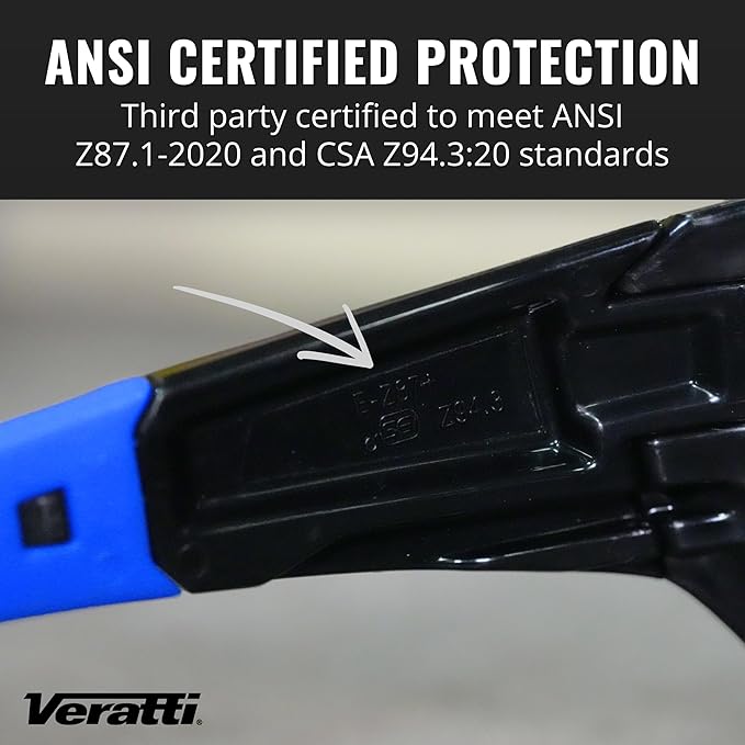 Veratti Spectrum Safety Glasses, Polarized Blue Mirror Lens, ANSI Z87.1 Certified, Anti-Fog, Black/Blue Frame