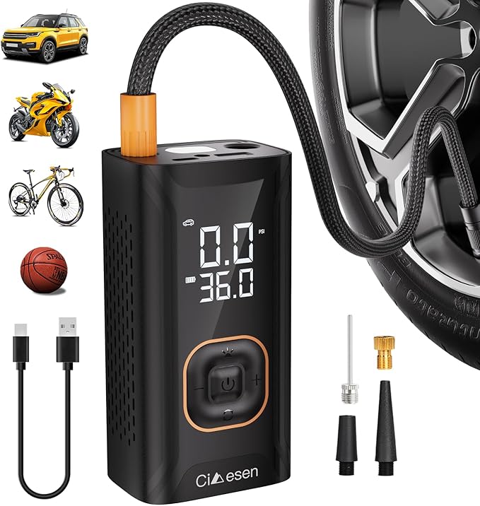 Tire Inflator Portable Air Compressor, 150PSI Portable Air Compressor with Accurate Pressure Gauge E-Bike Inflation Cordless Air Pump for Bike Pump Car Motorcycle Ball