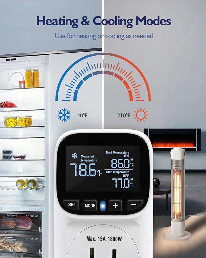 Digital Temperature Controller, Heating & Cooling Thermostat Plug Outlet, –40°F~210°F, 15A 1800W, LCD Display, Temperature Controlled Outlet for Home, Greenhouse, Chicken Coop, Reptile