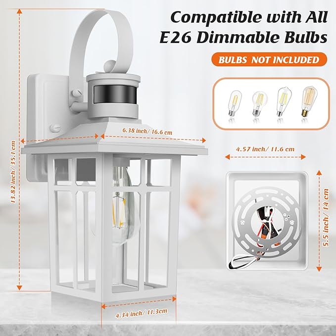 White Porch Light Fixture, 2-Pack Motion Sensor Outdoor Sconce Lights, Aluminum Outdoor Lanterns for Patio Waterproof, ETL Listed Dusk Till Dawn Outside Light Fixture for House, Porch, Front Door