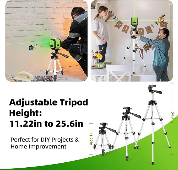 Laser Level with Tripod, HUEPAR 100Ft Self Leveling Laser Level Rechargeable Green Cross Line Laser Leveler Tool for Picture Hanging, Tile, Home Renovation, Carrying Bag Included (25.6 in Tripod)