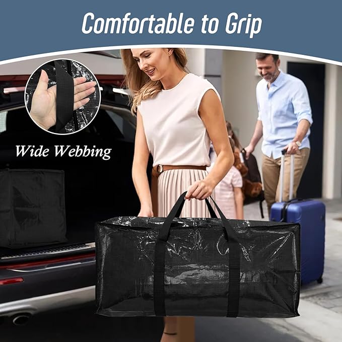 6 Pack Extra Heavy Duty Large Moving Bags with Strong Zipper & Comfortable Handles, Sturdy & Durable Clothes Storage Bags Totes Bins, Packing Moving Boxes for College Supplies, Black