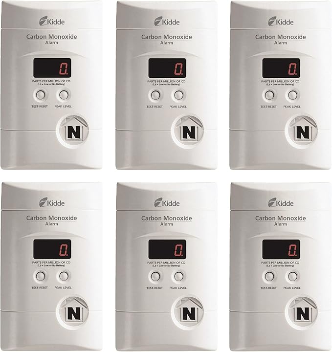 Kidde Carbon Monoxide Detector, Plug In Wall with 9-Volt Battery Backup, Digital LED Display - 6 Pack