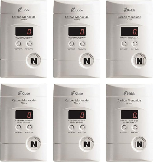 Kidde Carbon Monoxide Detector, Plug In Wall with 9-Volt Battery Backup, Digital LED Display - 6 Pack