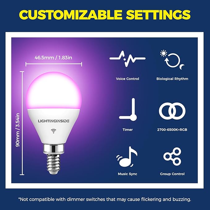 E12 Smart Light Bulbs 50W Equiv., G16.5 RGBCW Candelabra Chandelier Ceiling Fan Smart Bulb Works with Alexa/Google Home/Smart Life, 5W 550LM, 2.4G WiFi Bluetooth Bulb, ETL Listed, 4PCS